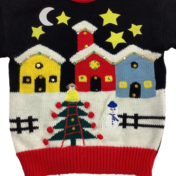Vintage Ugly Christmas Sweater Womens L Large Black Red Knit Village Adell Barre - Picture 5 of 16